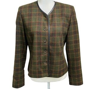 Vintage Pendleton Wool Plaid Leather Trim Jacket Blazer Size 8 Olive/Brown